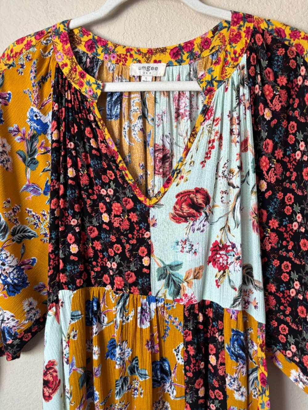 Umgee Boho Floral Mixed Print Split Neck Babydoll Peasant Mini Dress - Picture 5 of 10